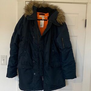 H&M Men's Dark Blue Puffer Jacket with Faux Fur Hood